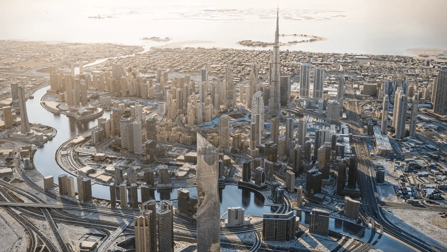 An aerial view of Business Bay with Tiger Sky and the Burj Khalifa marked