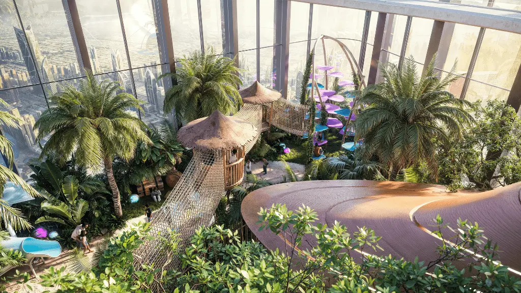 A planted play area with climbing structures