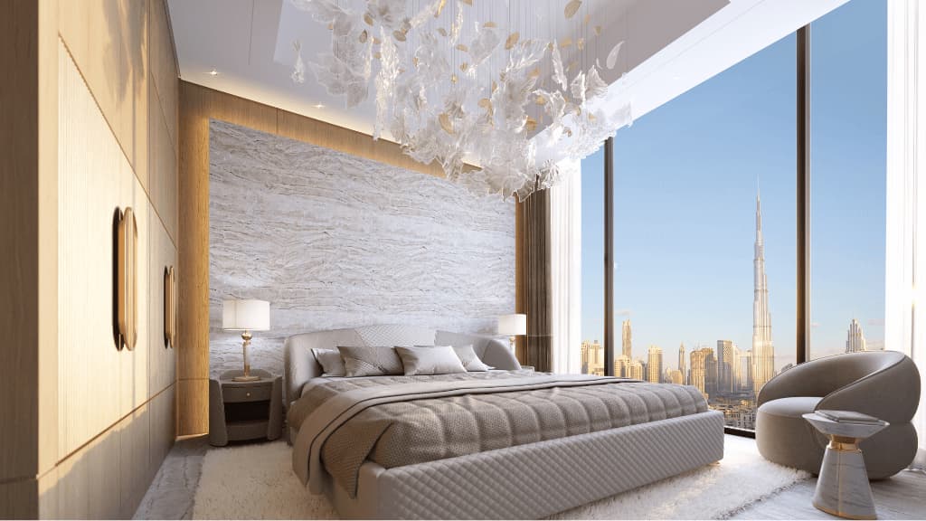 A bedroom looking towards the Burj Khalifa