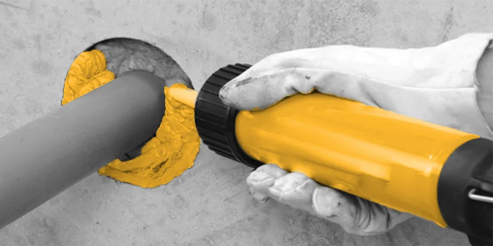 Fire-rated sealant applied around a pipe penetration