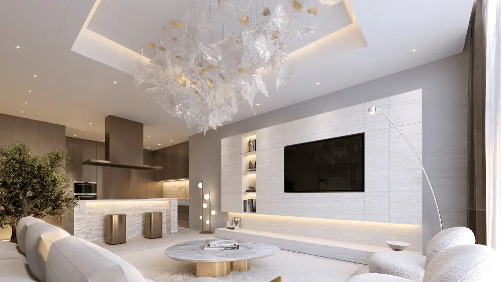 A living room under a sculptural chandelier