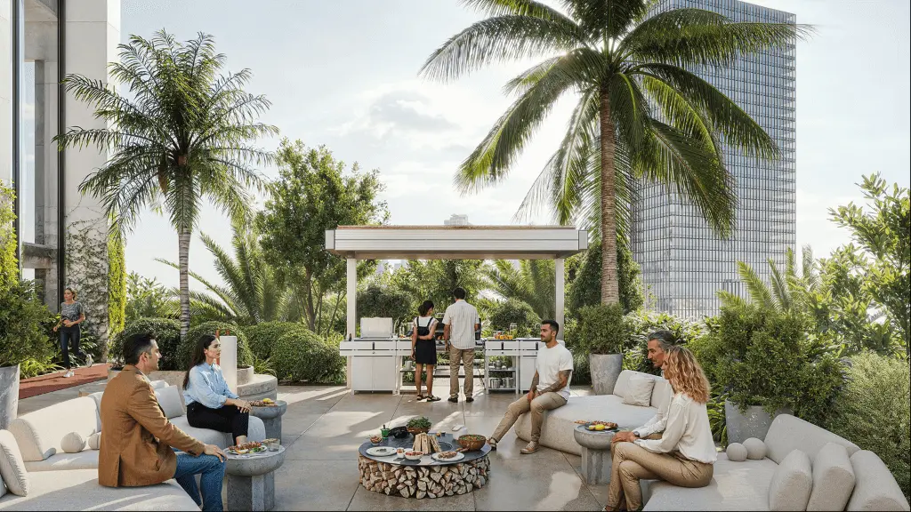 An outdoor lounge and grill among palms