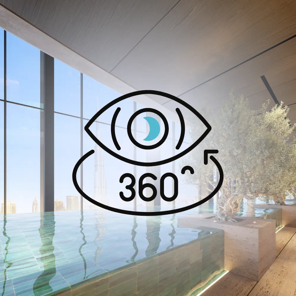 The infinity pool looking out over Dubai — open the 360° tour