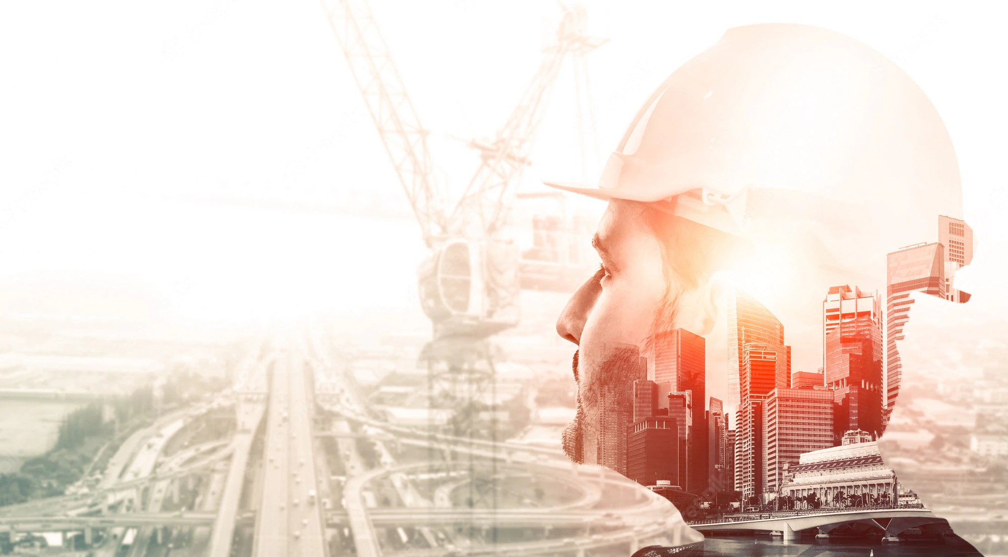 Engineer looking out over a city skyline, double exposure