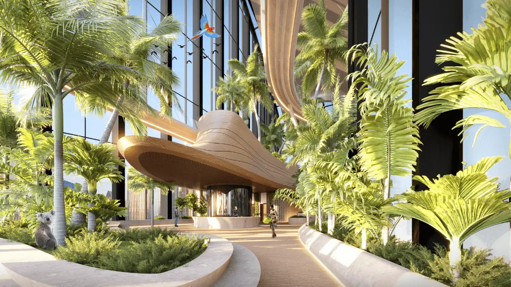 A sculpted pavilion among palms