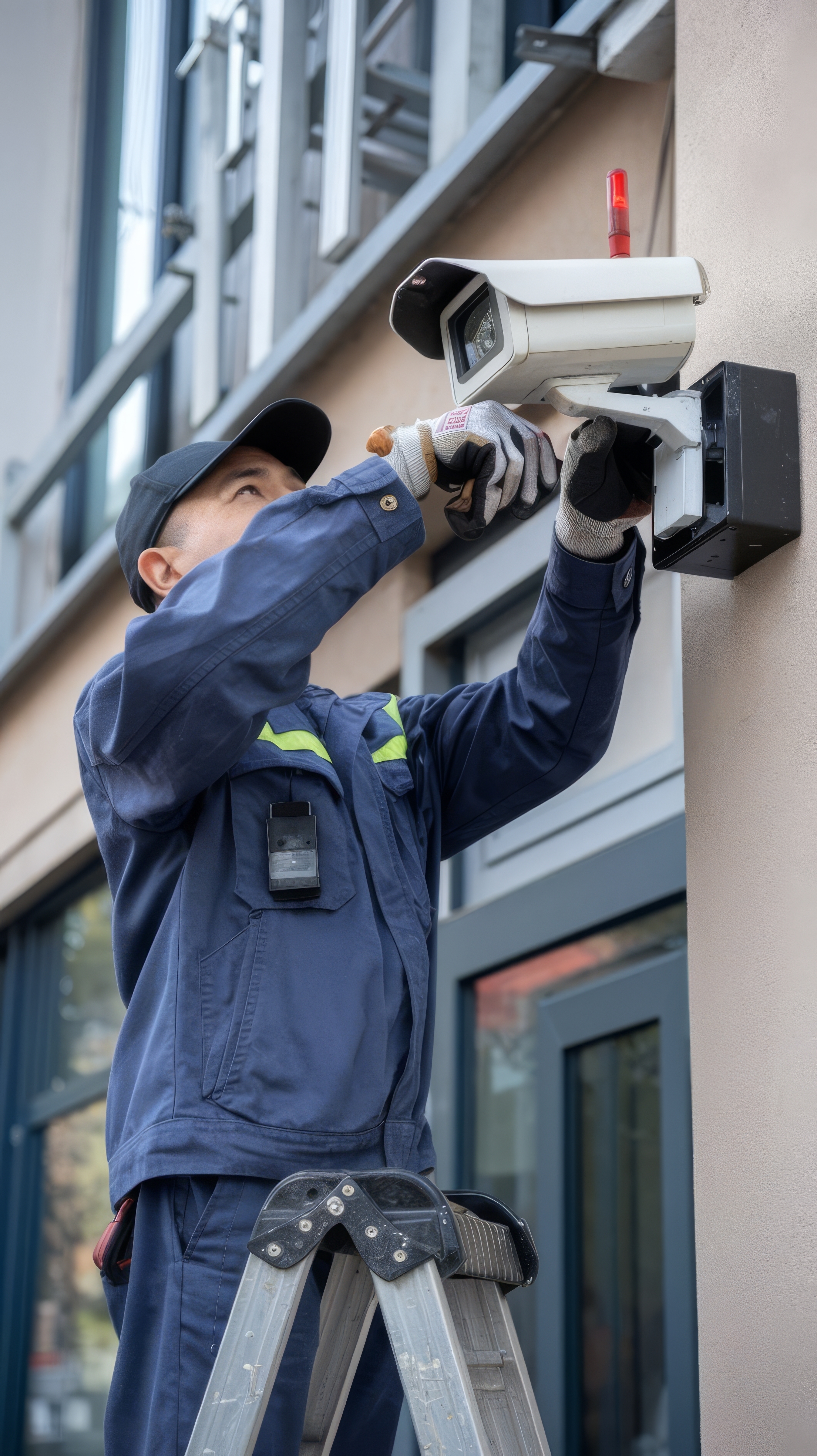 Technicien d'Okla Électrique configurant une caméra de surveillance