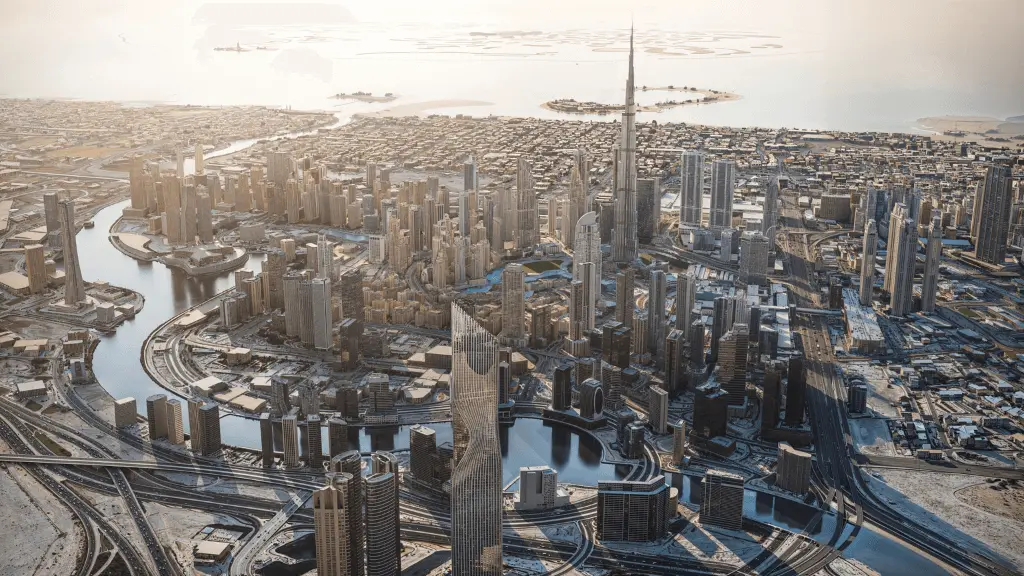 An aerial panorama of Dubai with the Burj Khalifa on the skyline