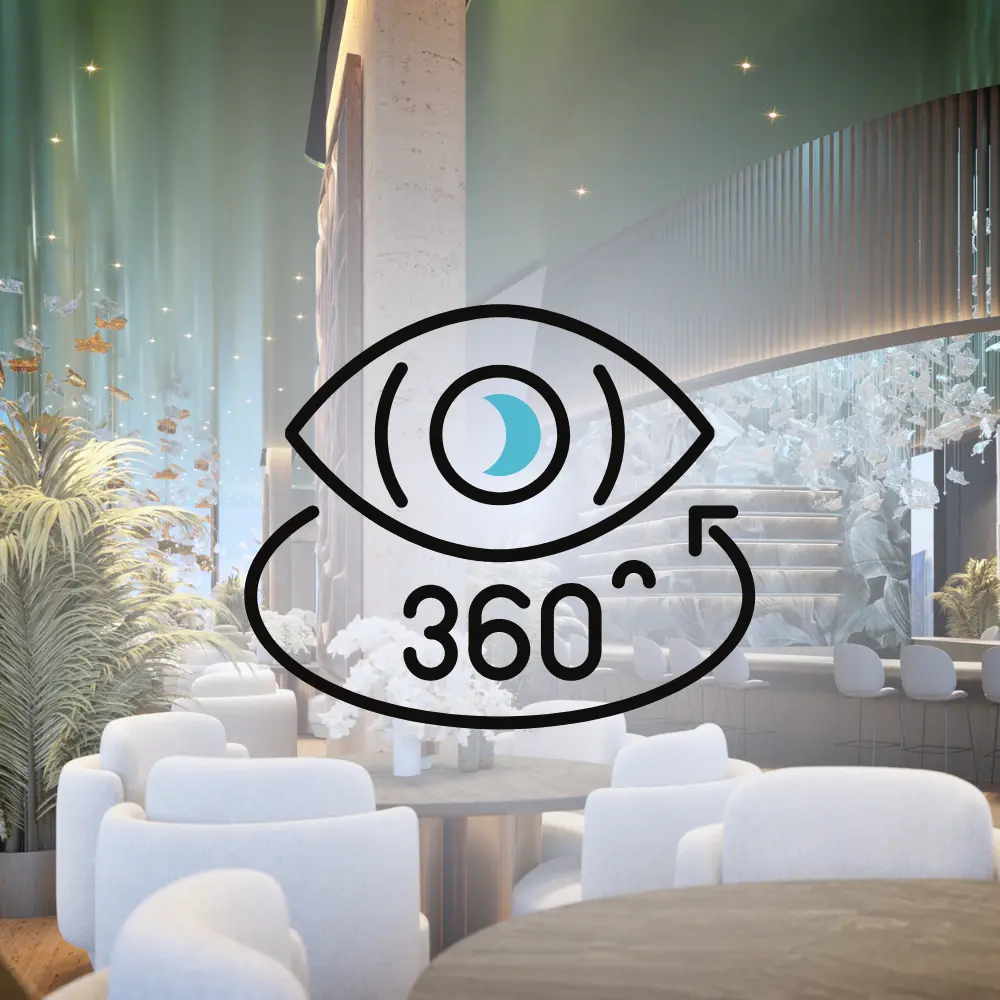 The restaurant under a planted canopy — open the 360° tour
