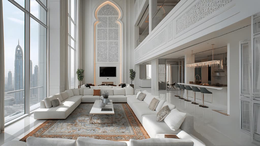 A double-height penthouse living room
