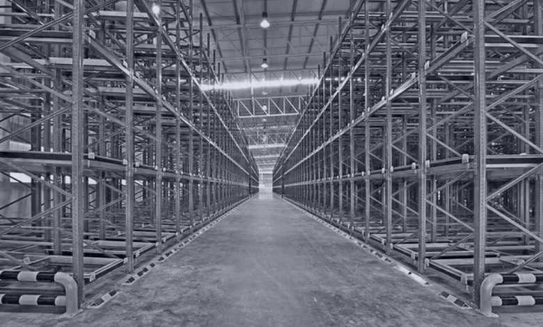 Warehouse racking running the length of a distribution centre