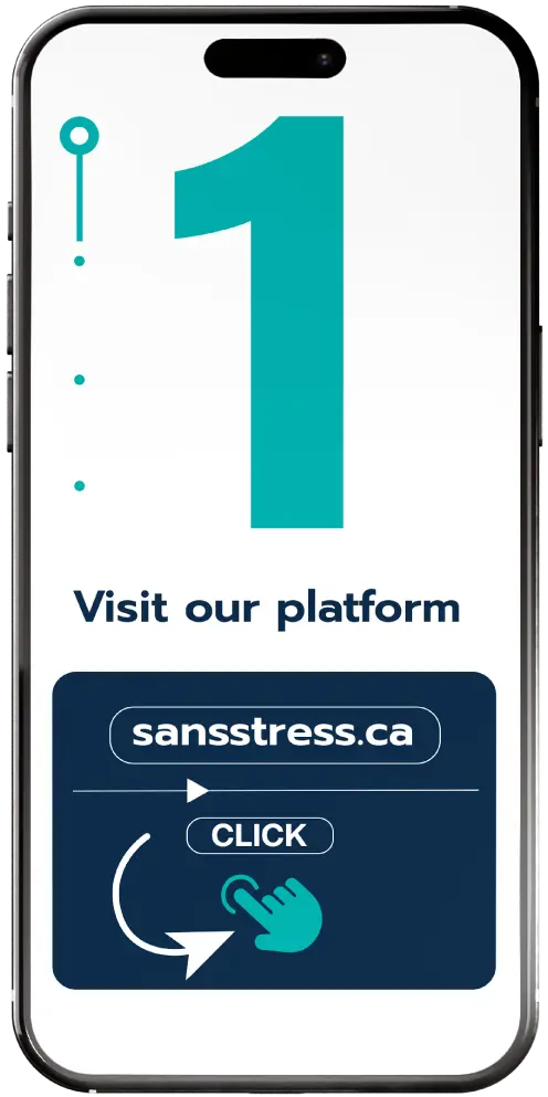 Phone showing step one: visit sansstress.ca and tap to book