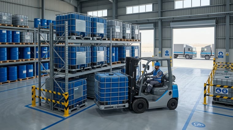 Operator handling a caged chemical container by forklift