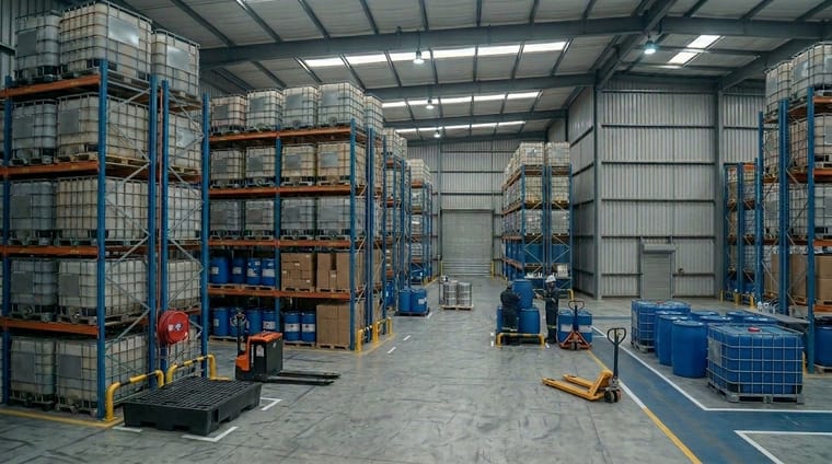 Bulk IBC totes on racking under inventory control