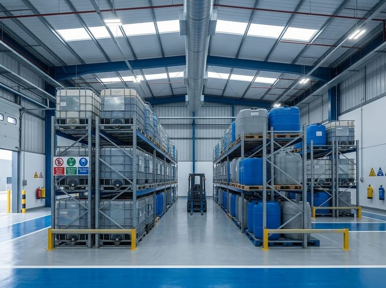 Marked safety walkways and containment aisles in a chemical warehouse