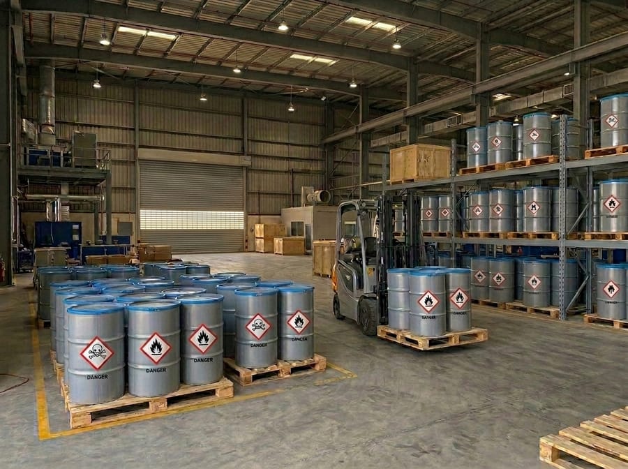 Chemical containers marked with GHS hazard pictograms
