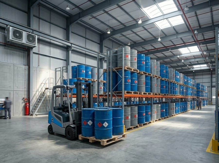 Segregated racking holding hazard-labelled chemical drums