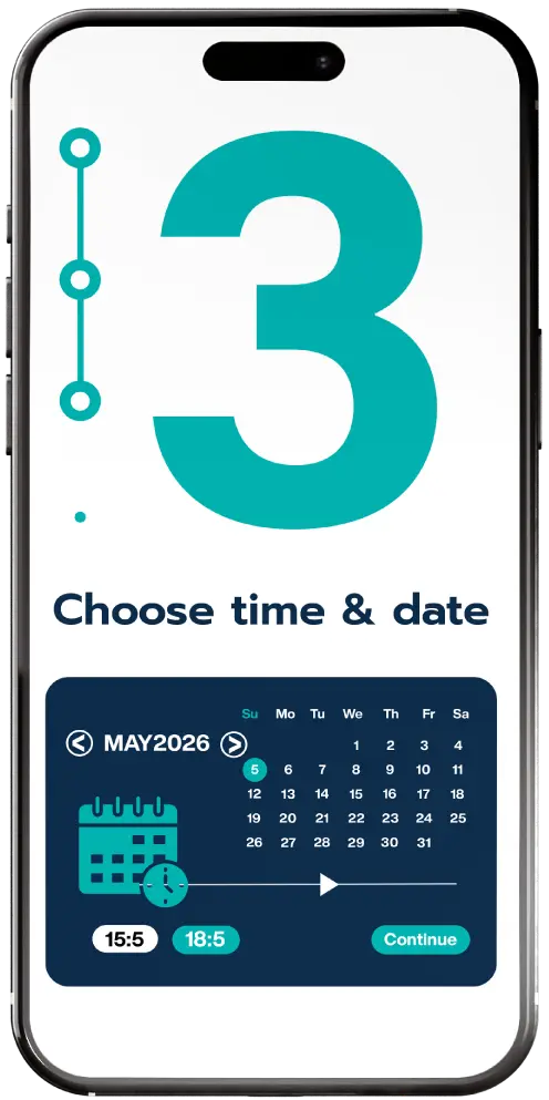 Phone showing step three: picking a date and time