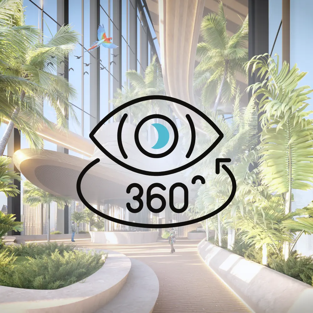 A planted walkway through the rainforest level — open the 360° tour