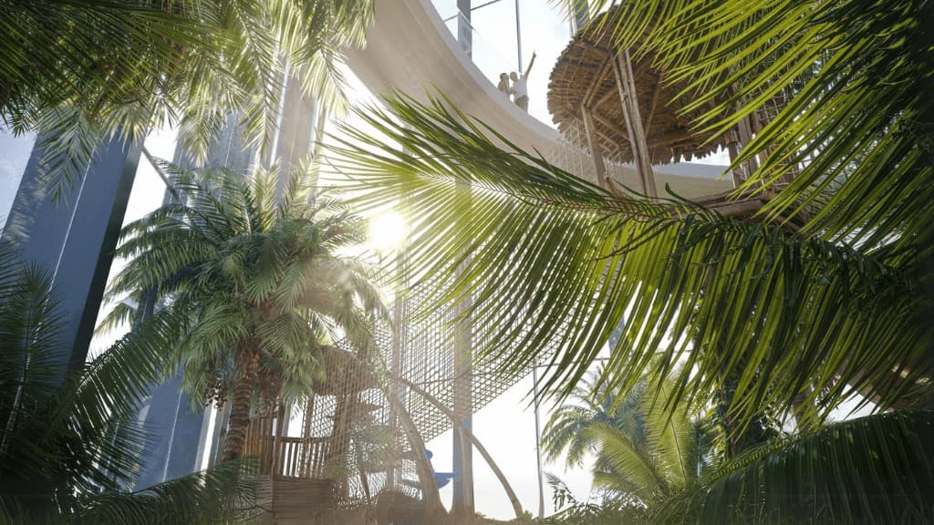 Palm fronds against the tower glass