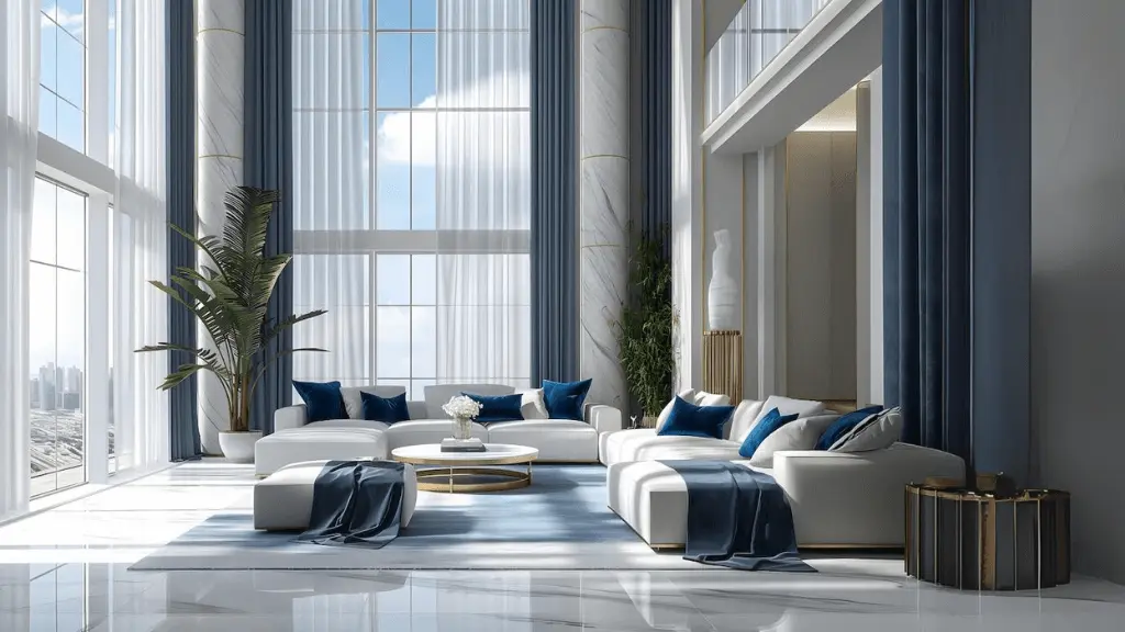 A furnished living room with floor-to-ceiling windows over the city