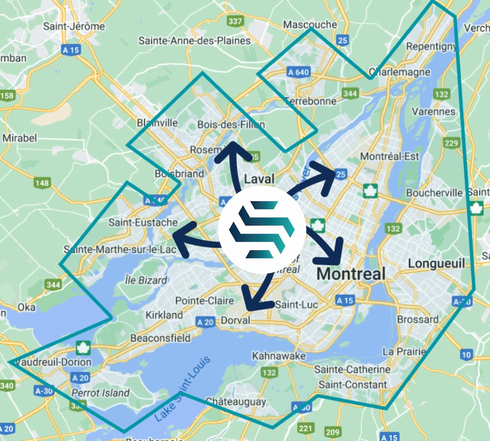 Map of the Greater Montreal service area, from Vaudreuil to Repentigny