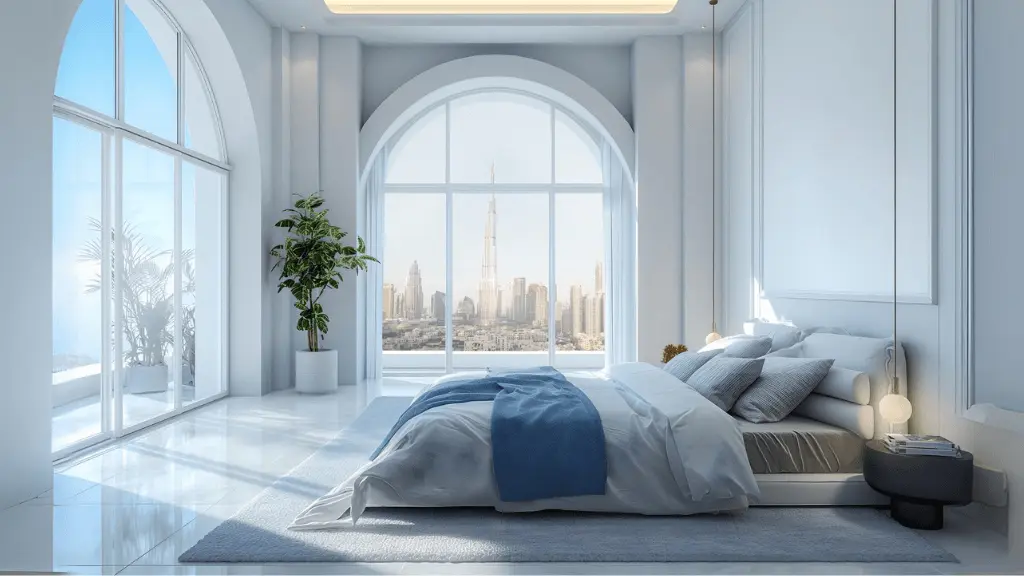 A bedroom under an arched window over the city